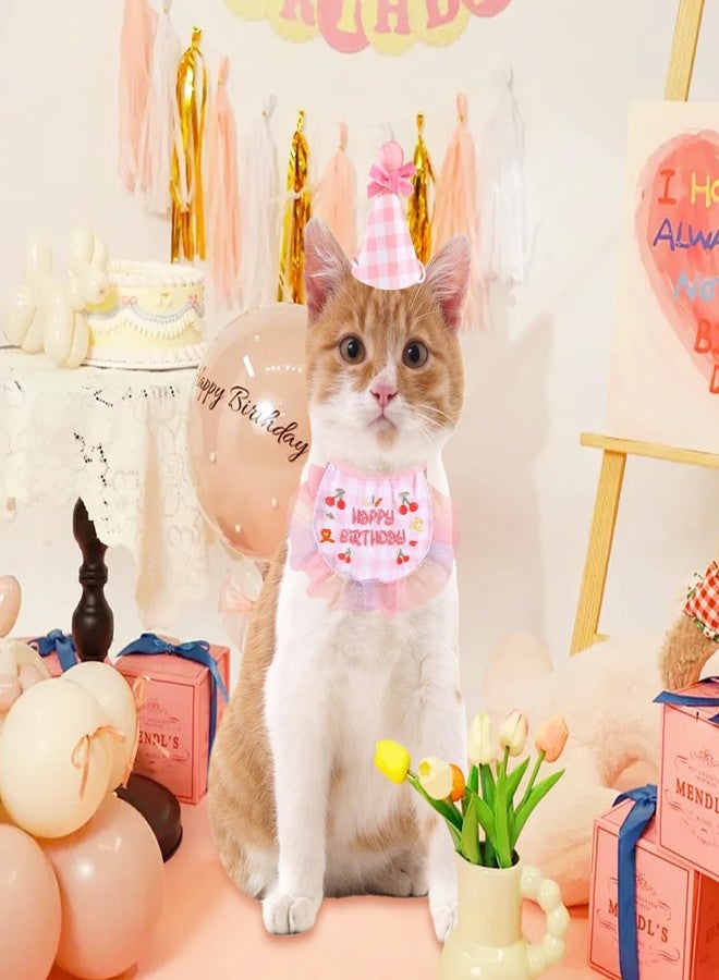 Kunyeah 2Pcs Pet Happy Birthday Hat Scarf Set - Cute Embroidered Cat Bandana Outfit - Cat Plaid Pattern Princess Costumes - Dog Lace Bib - Pet Party Supplies Decoration (Pink) - Image 5